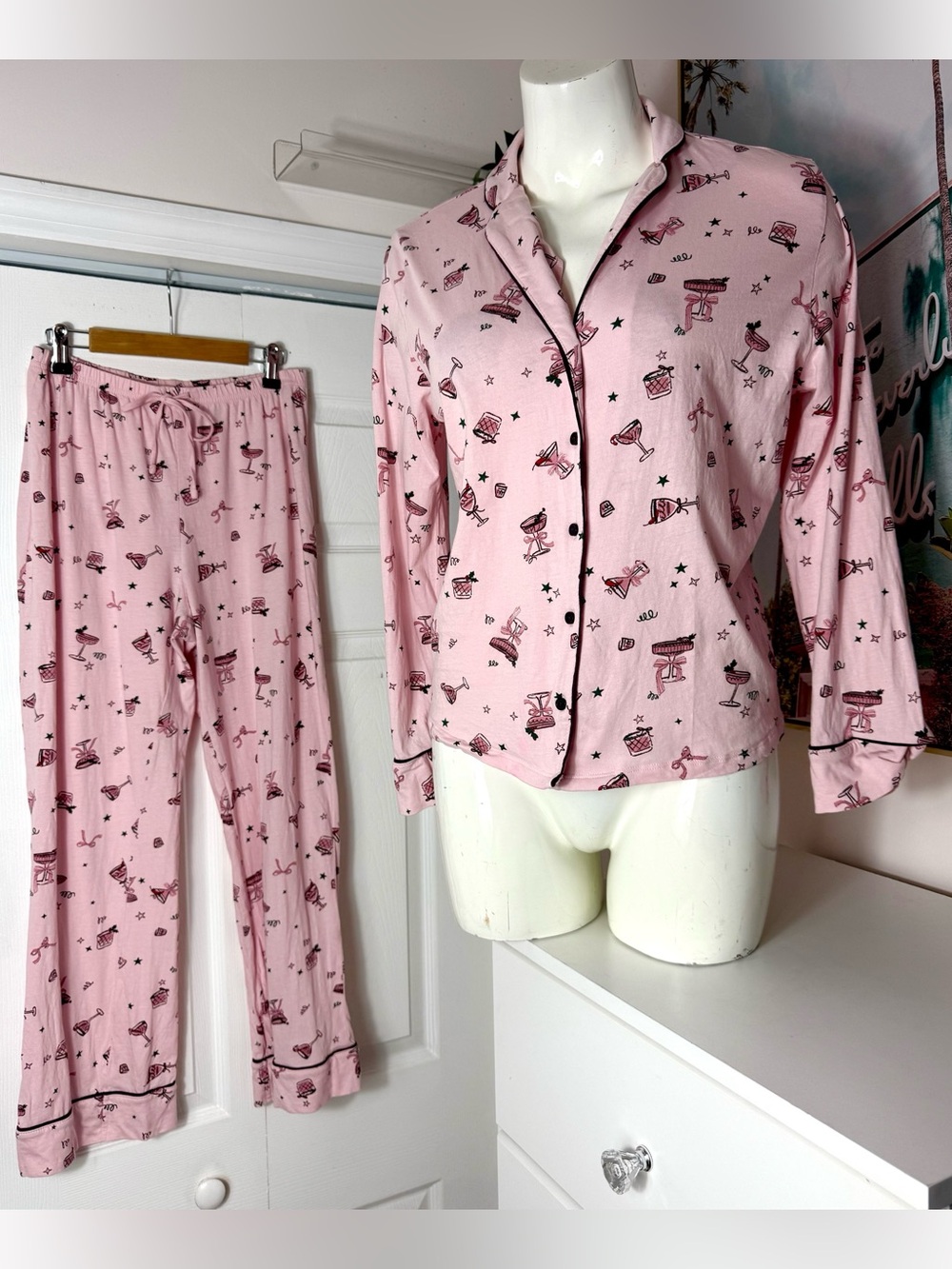 George Pink Holiday Cocktail Pajama Set Button Shirt Pants Size Small PJ